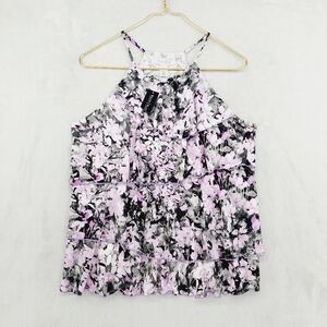 NEW White House Black Market Tiered Shell Top - Black and Purple Rose Print P156